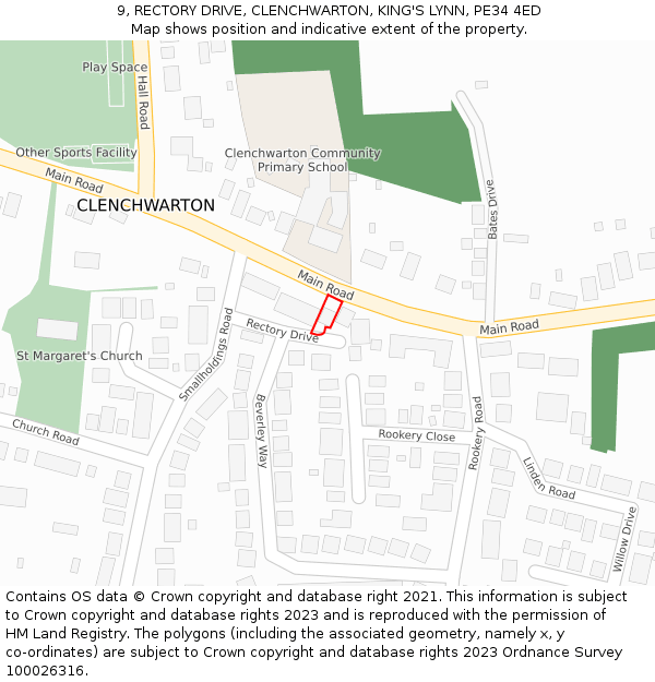 9, RECTORY DRIVE, CLENCHWARTON, KING'S LYNN, PE34 4ED: Location map and indicative extent of plot