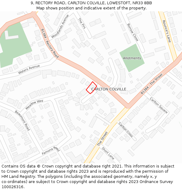 9, RECTORY ROAD, CARLTON COLVILLE, LOWESTOFT, NR33 8BB: Location map and indicative extent of plot
