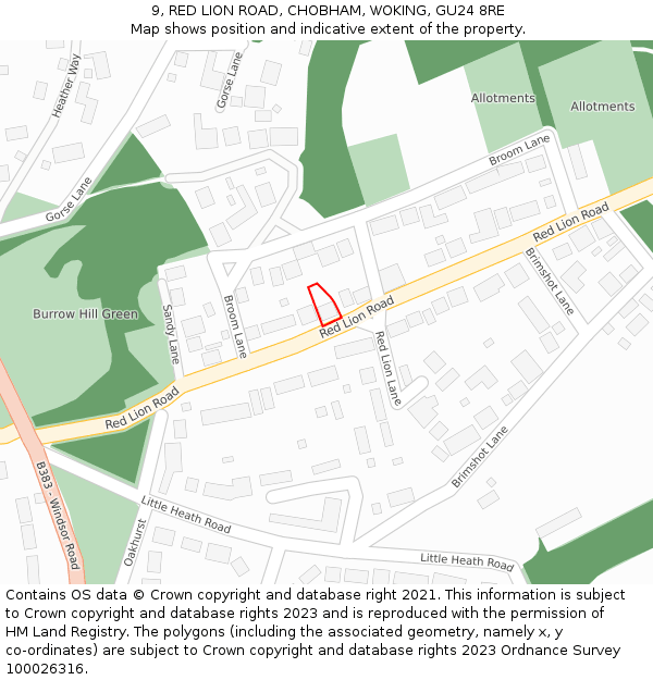 9, RED LION ROAD, CHOBHAM, WOKING, GU24 8RE: Location map and indicative extent of plot