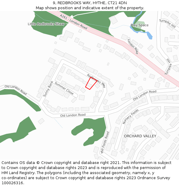 9, REDBROOKS WAY, HYTHE, CT21 4DN: Location map and indicative extent of plot