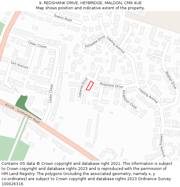 9, REDSHANK DRIVE, HEYBRIDGE, MALDON, CM9 4UE: Location map and indicative extent of plot