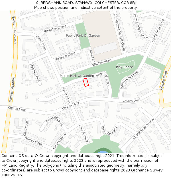 9, REDSHANK ROAD, STANWAY, COLCHESTER, CO3 8BJ: Location map and indicative extent of plot