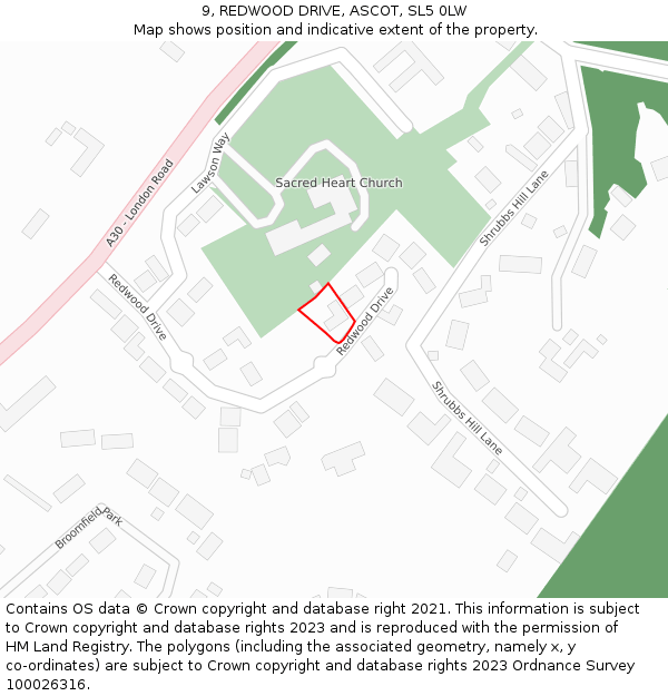 9, REDWOOD DRIVE, ASCOT, SL5 0LW: Location map and indicative extent of plot