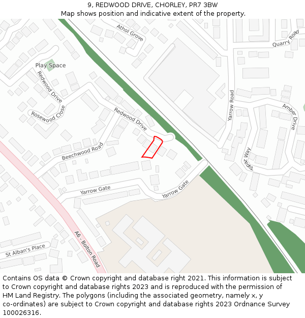 9, REDWOOD DRIVE, CHORLEY, PR7 3BW: Location map and indicative extent of plot