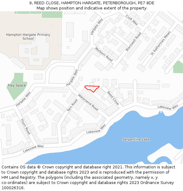 9, REED CLOSE, HAMPTON HARGATE, PETERBOROUGH, PE7 8DE: Location map and indicative extent of plot