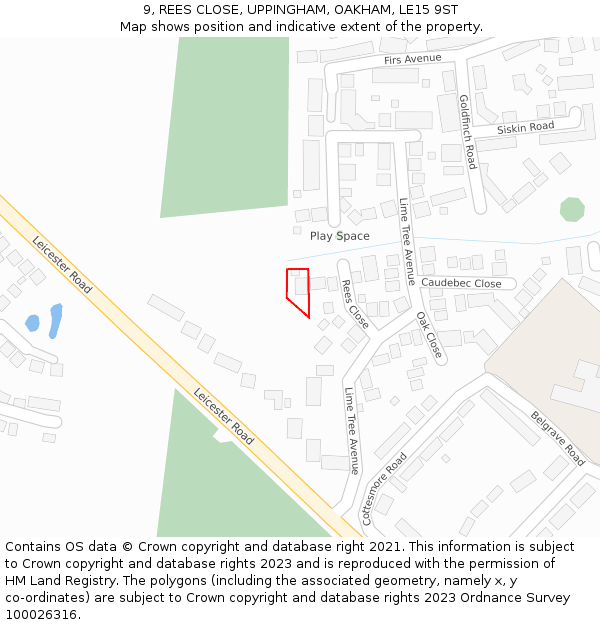 9, REES CLOSE, UPPINGHAM, OAKHAM, LE15 9ST: Location map and indicative extent of plot