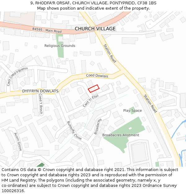 9, RHODFA'R ORSAF, CHURCH VILLAGE, PONTYPRIDD, CF38 1BS: Location map and indicative extent of plot