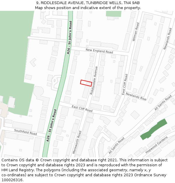 9, RIDDLESDALE AVENUE, TUNBRIDGE WELLS, TN4 9AB: Location map and indicative extent of plot