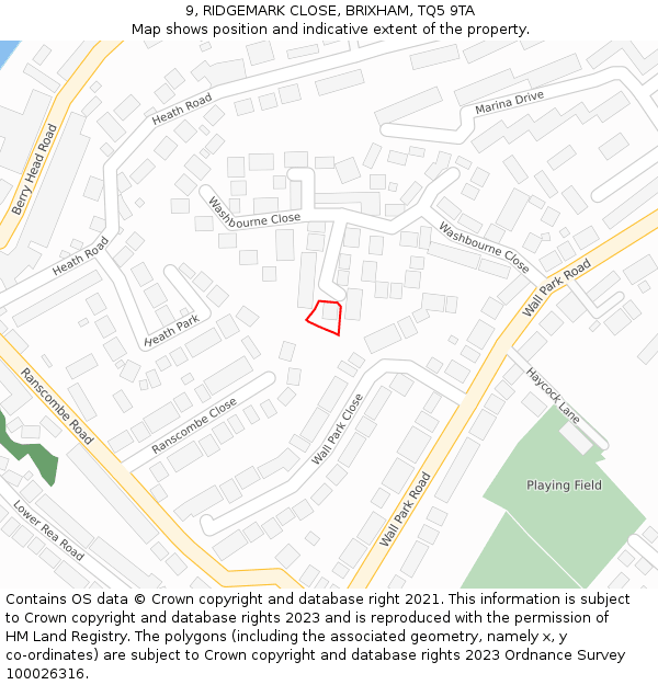 9, RIDGEMARK CLOSE, BRIXHAM, TQ5 9TA: Location map and indicative extent of plot