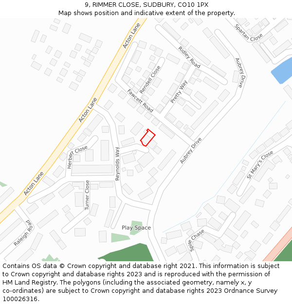 9, RIMMER CLOSE, SUDBURY, CO10 1PX: Location map and indicative extent of plot