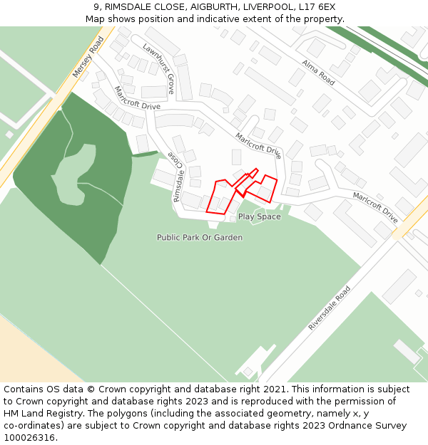 9, RIMSDALE CLOSE, AIGBURTH, LIVERPOOL, L17 6EX: Location map and indicative extent of plot