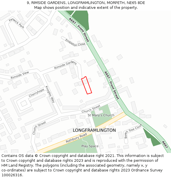 9, RIMSIDE GARDENS, LONGFRAMLINGTON, MORPETH, NE65 8DE: Location map and indicative extent of plot