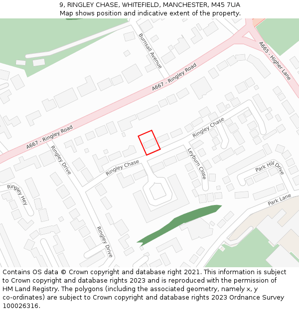9, RINGLEY CHASE, WHITEFIELD, MANCHESTER, M45 7UA: Location map and indicative extent of plot