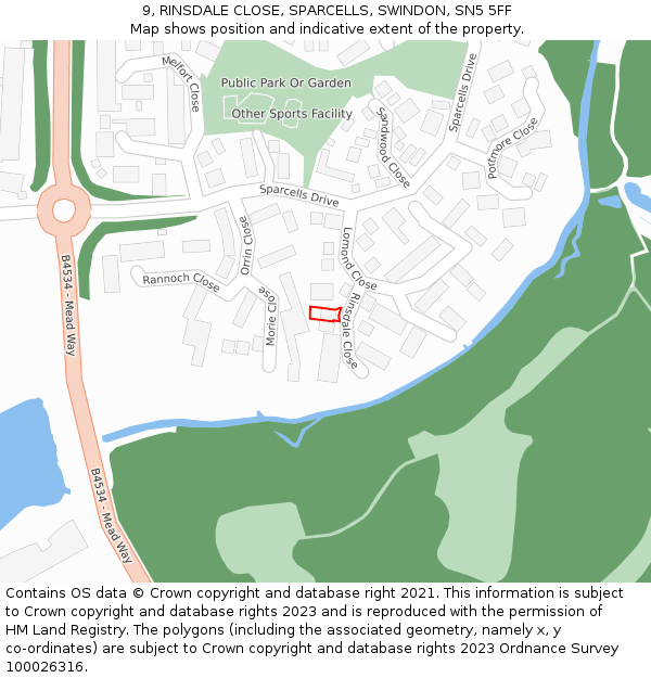9, RINSDALE CLOSE, SPARCELLS, SWINDON, SN5 5FF: Location map and indicative extent of plot
