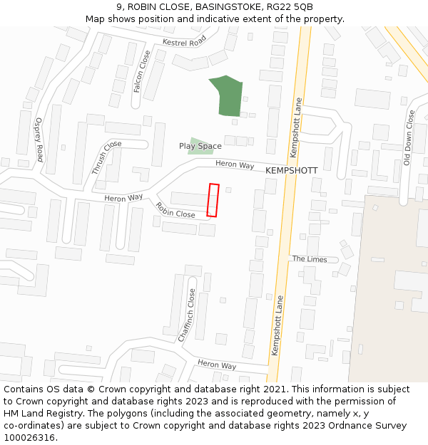 9, ROBIN CLOSE, BASINGSTOKE, RG22 5QB: Location map and indicative extent of plot