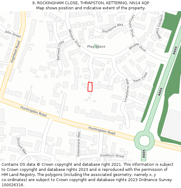 9, ROCKINGHAM CLOSE, THRAPSTON, KETTERING, NN14 4QP: Location map and indicative extent of plot