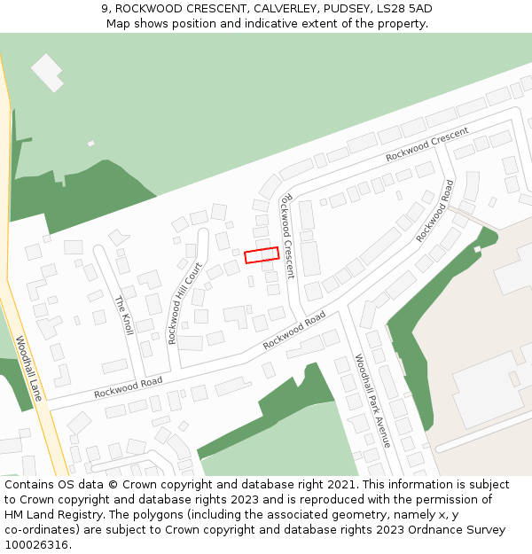 9, ROCKWOOD CRESCENT, CALVERLEY, PUDSEY, LS28 5AD: Location map and indicative extent of plot