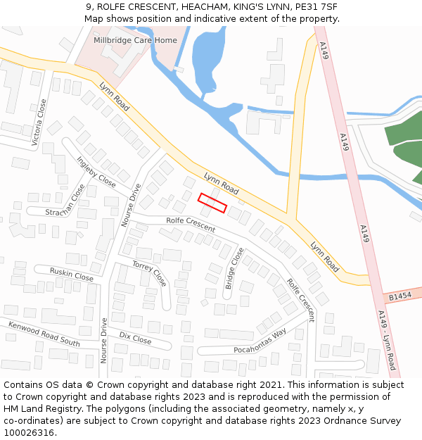 9, ROLFE CRESCENT, HEACHAM, KING'S LYNN, PE31 7SF: Location map and indicative extent of plot