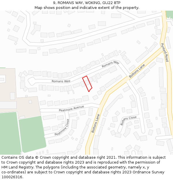 9, ROMANS WAY, WOKING, GU22 8TP: Location map and indicative extent of plot
