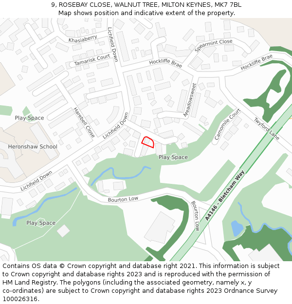 9, ROSEBAY CLOSE, WALNUT TREE, MILTON KEYNES, MK7 7BL: Location map and indicative extent of plot