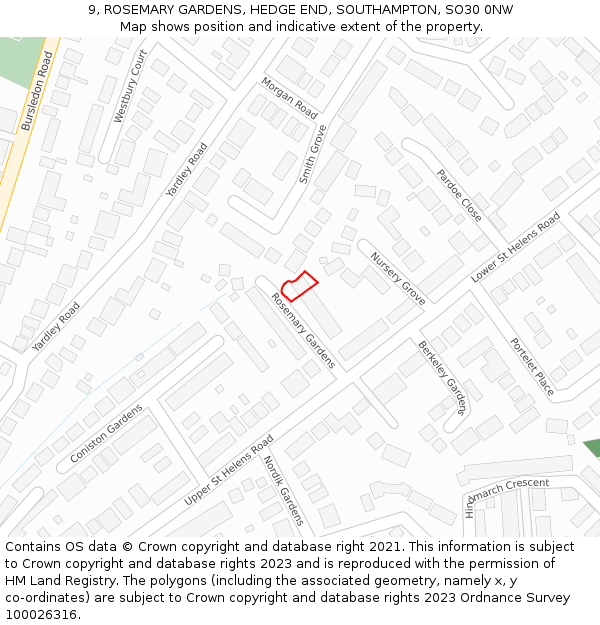 9, ROSEMARY GARDENS, HEDGE END, SOUTHAMPTON, SO30 0NW: Location map and indicative extent of plot