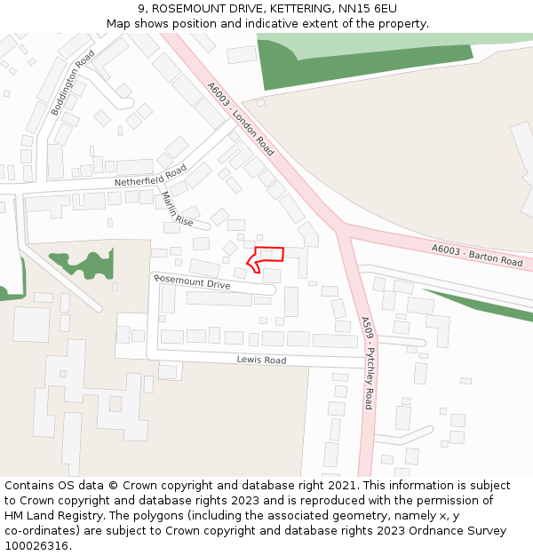 9, ROSEMOUNT DRIVE, KETTERING, NN15 6EU: Location map and indicative extent of plot