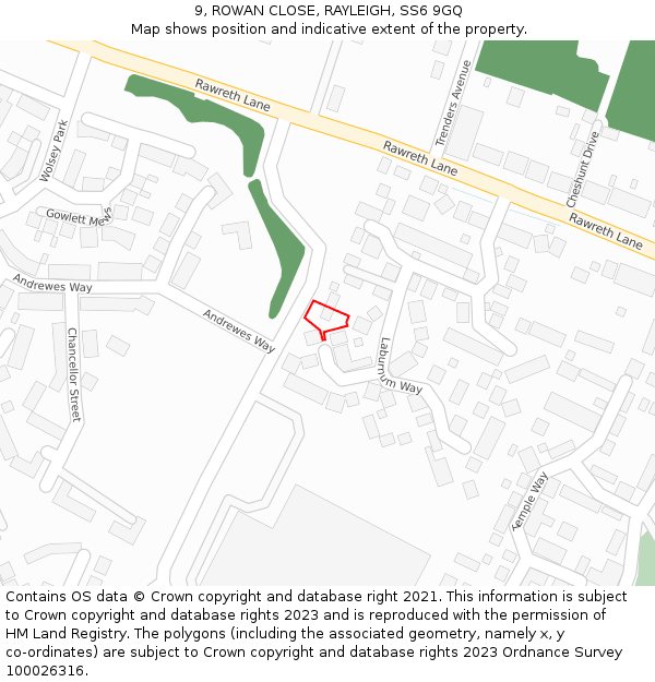 9, ROWAN CLOSE, RAYLEIGH, SS6 9GQ: Location map and indicative extent of plot