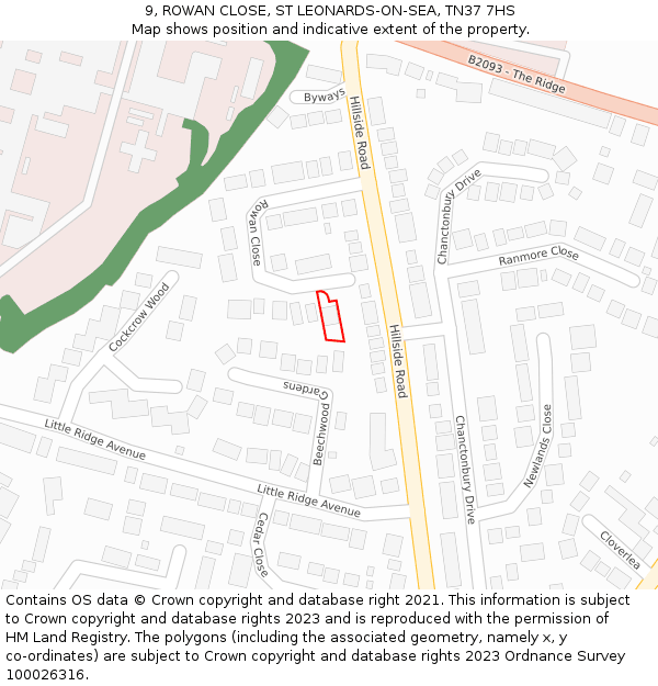 9, ROWAN CLOSE, ST LEONARDS-ON-SEA, TN37 7HS: Location map and indicative extent of plot