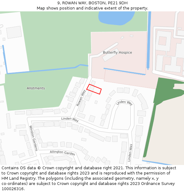 9, ROWAN WAY, BOSTON, PE21 9DH: Location map and indicative extent of plot