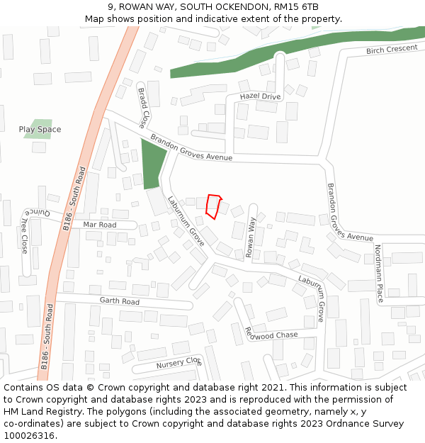 9, ROWAN WAY, SOUTH OCKENDON, RM15 6TB: Location map and indicative extent of plot