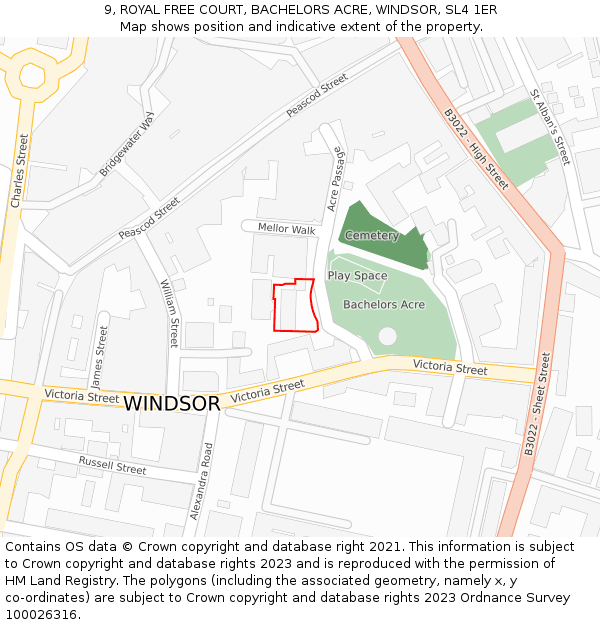 9, ROYAL FREE COURT, BACHELORS ACRE, WINDSOR, SL4 1ER: Location map and indicative extent of plot