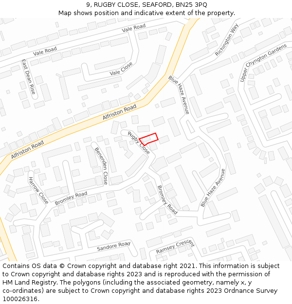 9, RUGBY CLOSE, SEAFORD, BN25 3PQ: Location map and indicative extent of plot