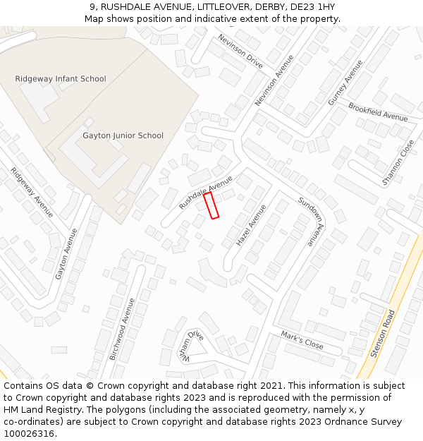 9, RUSHDALE AVENUE, LITTLEOVER, DERBY, DE23 1HY: Location map and indicative extent of plot