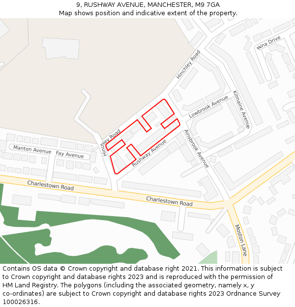 9, RUSHWAY AVENUE, MANCHESTER, M9 7GA: Location map and indicative extent of plot
