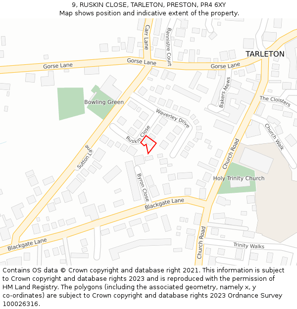 9, RUSKIN CLOSE, TARLETON, PRESTON, PR4 6XY: Location map and indicative extent of plot