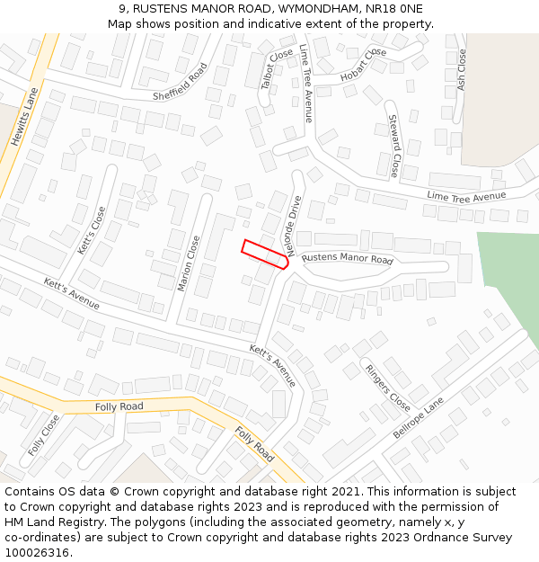 9, RUSTENS MANOR ROAD, WYMONDHAM, NR18 0NE: Location map and indicative extent of plot