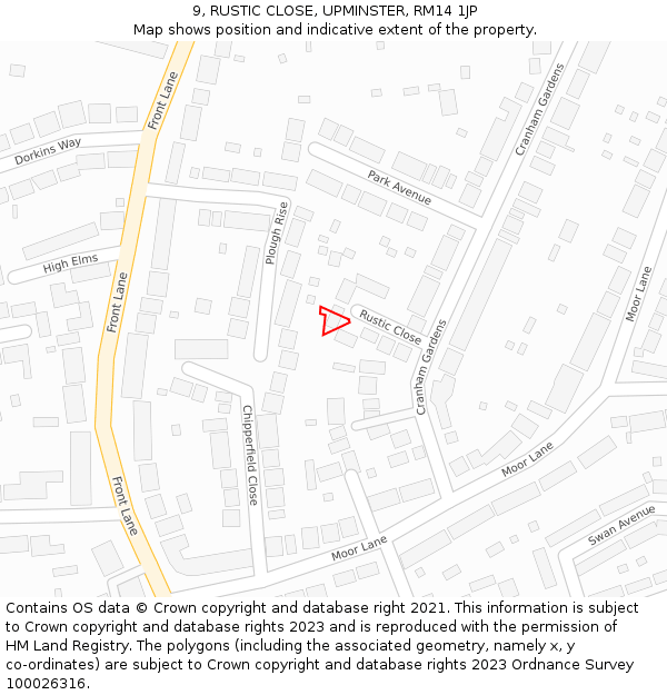 9, RUSTIC CLOSE, UPMINSTER, RM14 1JP: Location map and indicative extent of plot