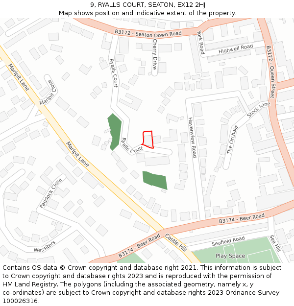 9, RYALLS COURT, SEATON, EX12 2HJ: Location map and indicative extent of plot