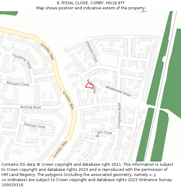 9, RYDAL CLOSE, CORBY, NN18 8TY: Location map and indicative extent of plot