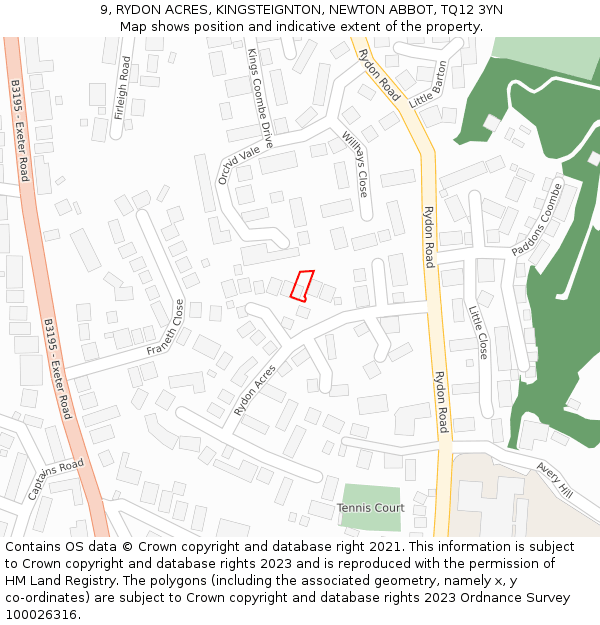 9, RYDON ACRES, KINGSTEIGNTON, NEWTON ABBOT, TQ12 3YN: Location map and indicative extent of plot