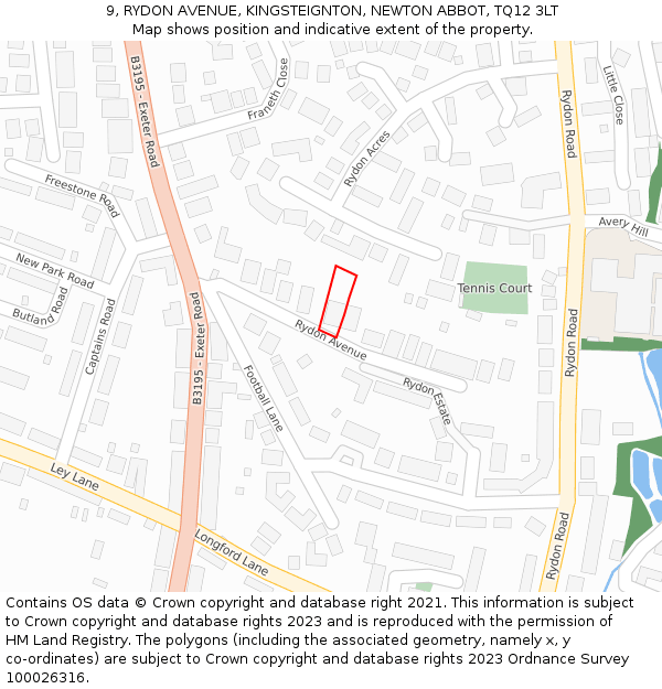 9, RYDON AVENUE, KINGSTEIGNTON, NEWTON ABBOT, TQ12 3LT: Location map and indicative extent of plot