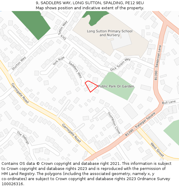 9, SADDLERS WAY, LONG SUTTON, SPALDING, PE12 9EU: Location map and indicative extent of plot