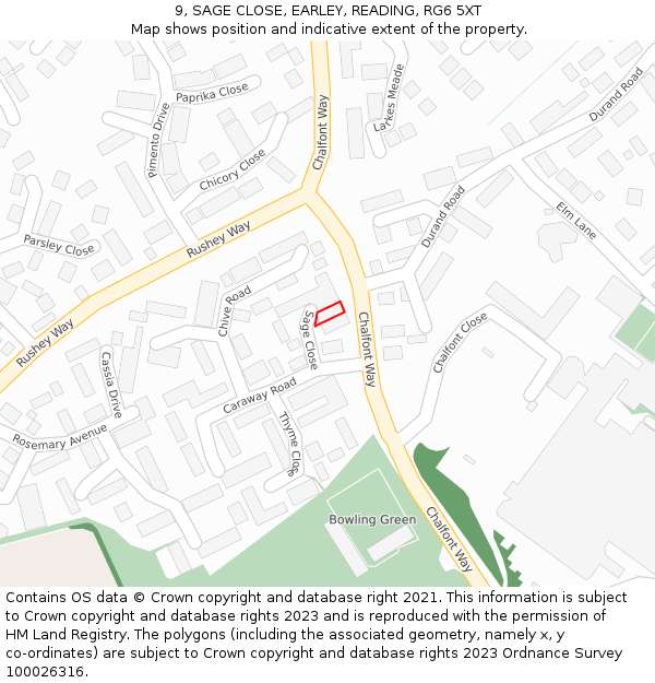 9, SAGE CLOSE, EARLEY, READING, RG6 5XT: Location map and indicative extent of plot