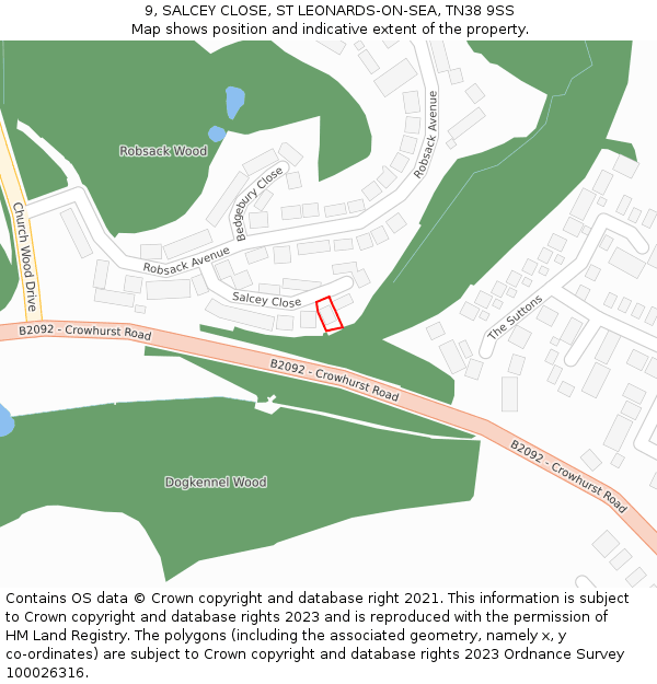 9, SALCEY CLOSE, ST LEONARDS-ON-SEA, TN38 9SS: Location map and indicative extent of plot