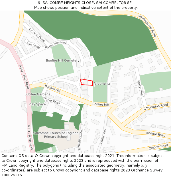 9, SALCOMBE HEIGHTS CLOSE, SALCOMBE, TQ8 8EL: Location map and indicative extent of plot
