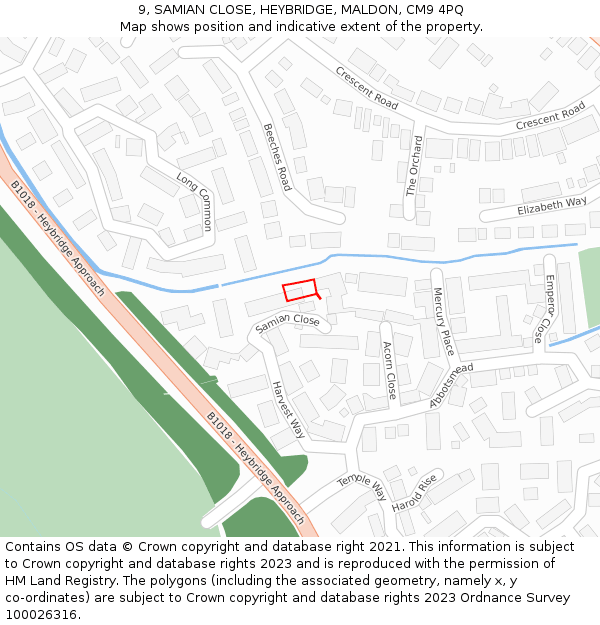 9, SAMIAN CLOSE, HEYBRIDGE, MALDON, CM9 4PQ: Location map and indicative extent of plot