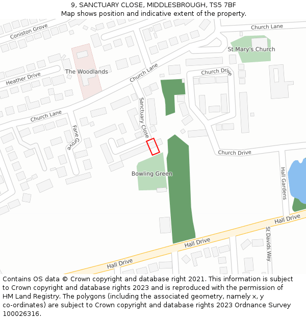 9, SANCTUARY CLOSE, MIDDLESBROUGH, TS5 7BF: Location map and indicative extent of plot