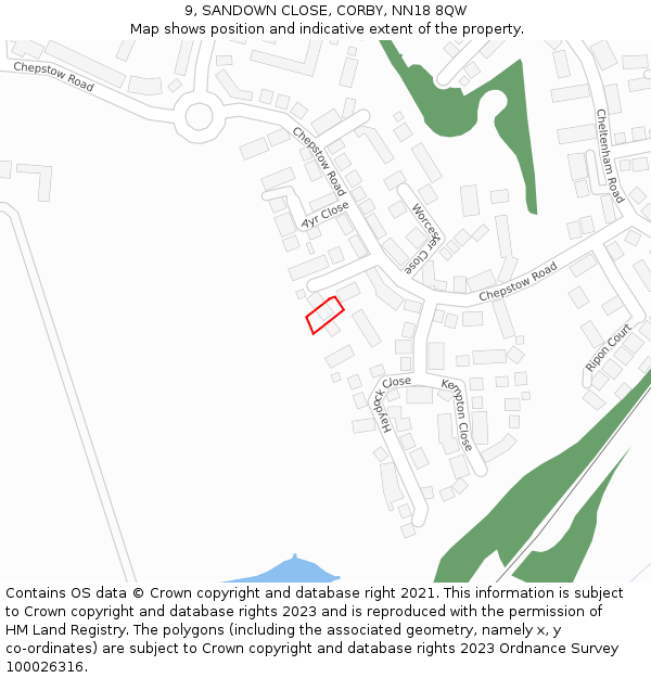 9, SANDOWN CLOSE, CORBY, NN18 8QW: Location map and indicative extent of plot