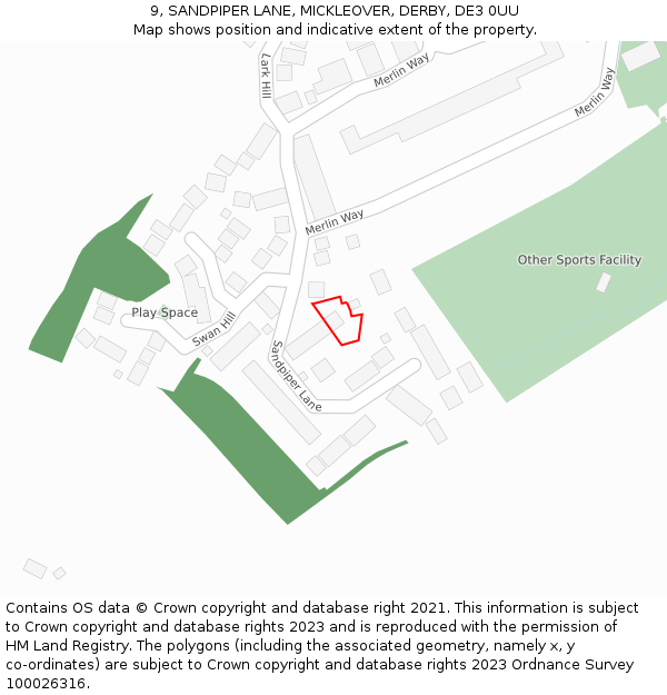 9, SANDPIPER LANE, MICKLEOVER, DERBY, DE3 0UU: Location map and indicative extent of plot