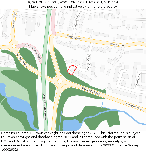9, SCHOLEY CLOSE, WOOTTON, NORTHAMPTON, NN4 6NA: Location map and indicative extent of plot